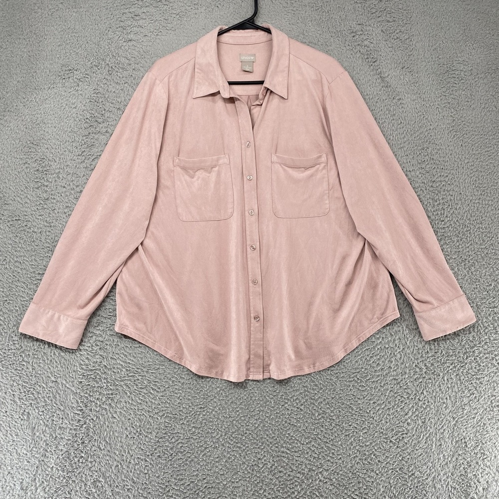 Chico's Button Up Shirt Womens 3 Pink‎ 16/18 Faux Suede Long Sleeve Relaxed